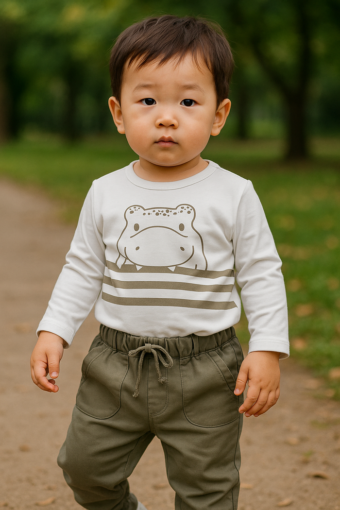 CONJUNTO INFANTIL BLUSA ESTAMPADA DINOSSAURO E CALÇA LISA CINZA