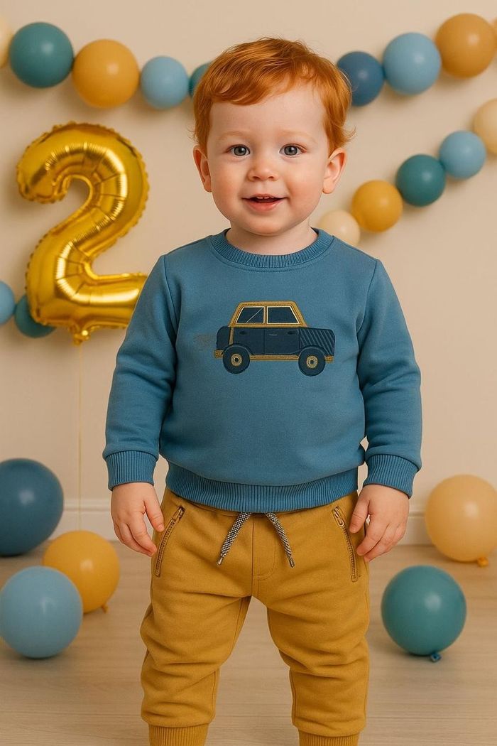 CONJUNTO INFANTIL MENINO COM BLUSA MOLETOM CARRINHO E CALÇA