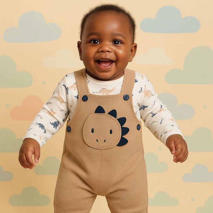 CONJUNTO JARDINEIRA LONGA E BODY BEBÊ MENINO DINOSSAURINHO