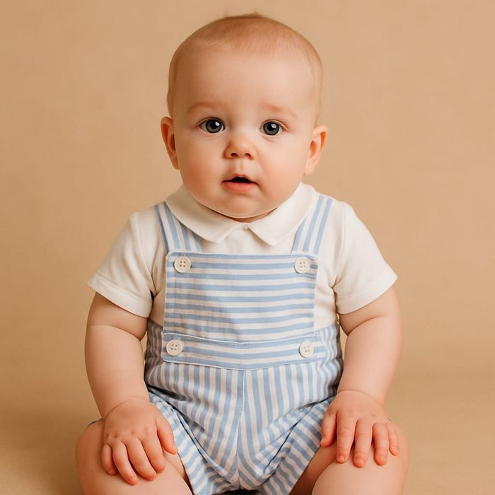 CONJUNTO CURTO BEBÊ MENINO BODY E JARDINEIRA LISTRADA