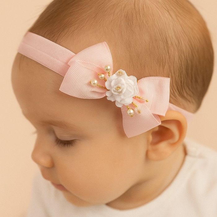 Faixa de Cabelo Bebê Menina com Laço e Flor Central