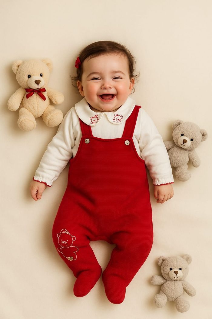 Conjunto  Bebê Menina Body Manga Longa E Jardineira Vermelha
