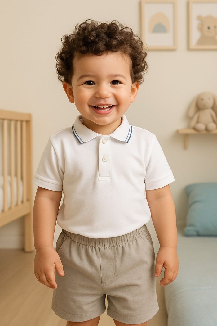 CONJUNTO CAMISA POLO BRANCA E BERMUDA CINZA