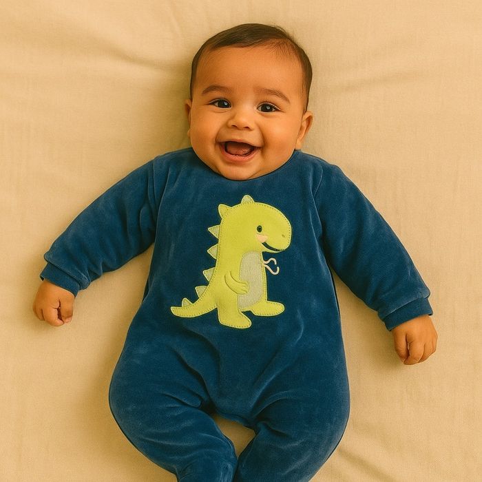 MACACÃO BEBÊ MENINO AZUL MARINHO COM BORDADO DINO EM PLUSH
