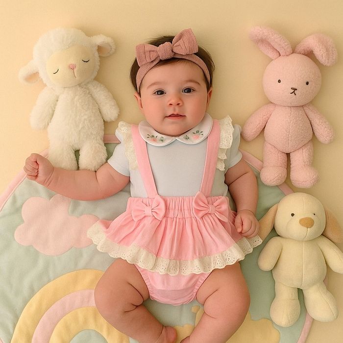 CONJUNTO ROMPER COM BABADOS E BODY GOLA BORDADA