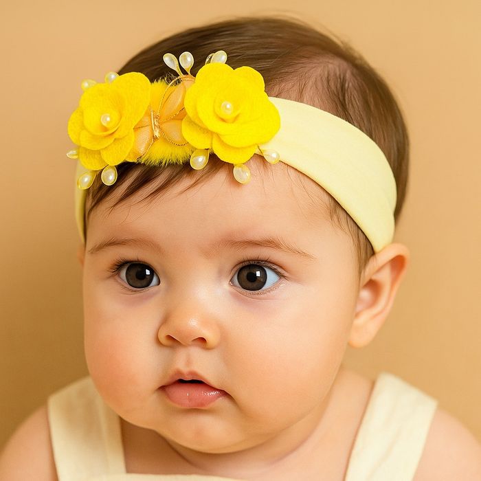 Faixa de Cabelo Bebê Amarela com Borboleta e Flores