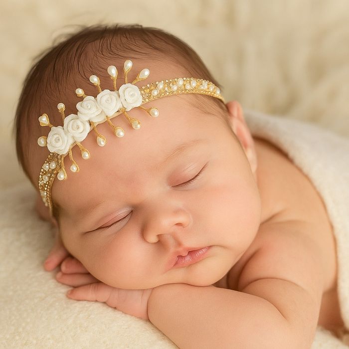 Faixa de Cabelo Bebê de Strass com Flores e Pérolas