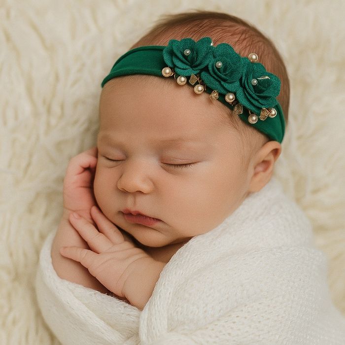 Faixa de Cabelo Bebê Menina Verde com Flores e Pérolas