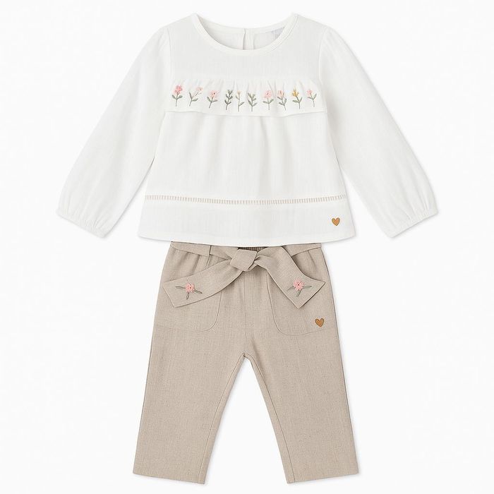 CONJUNTO INFANTIL MENINA BATA MANGA LONGA E CALÇA EM LINHO