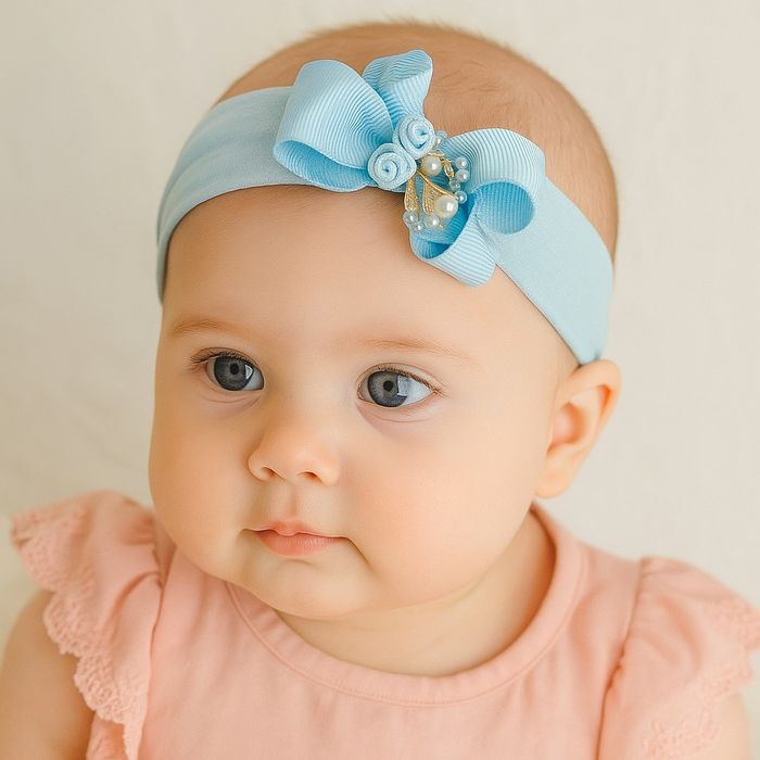 Faixa de Cabelo Bebê com Laço e Flor com Pérolas Laterais