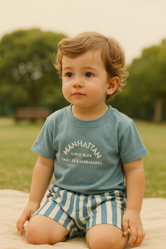 CONJUNTO INFANTIL MENINO CAMISETA E BERMUDA LISTRADA
