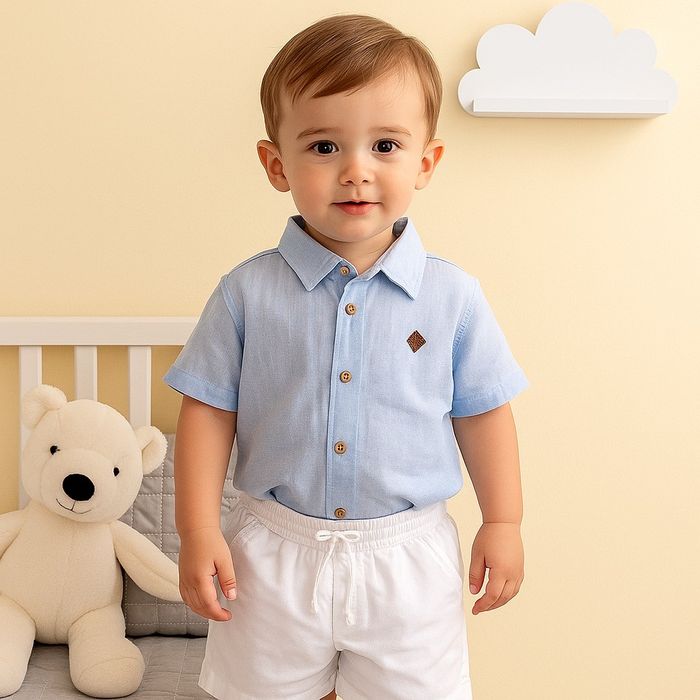 CONJUNTO CURTO INFANTIL MENINO AZUL E BERMUDA BRANCA