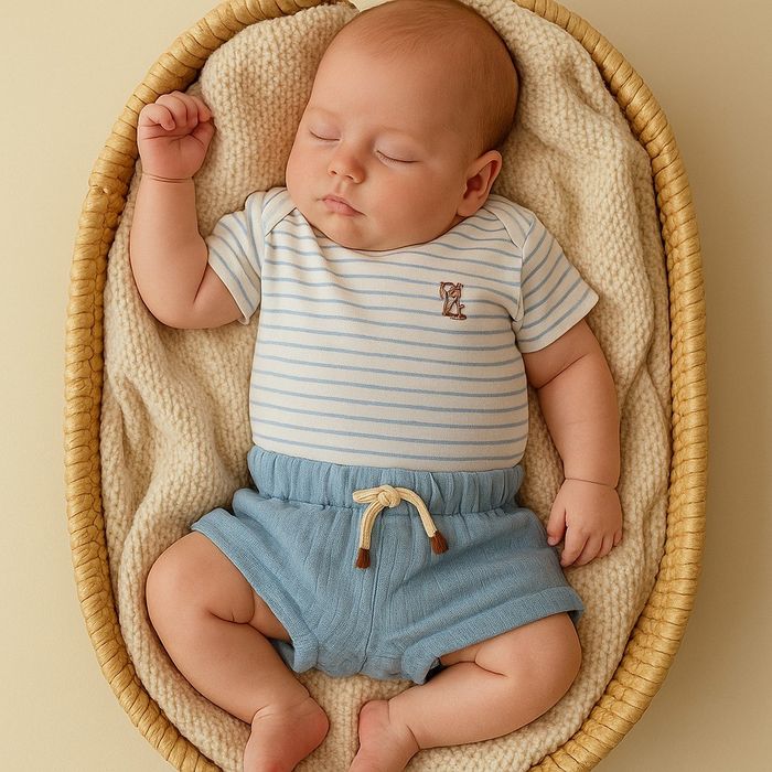 CONJUNTO CURTO BEBÊ MENINO BODY  LISTRADO E BERMUDA