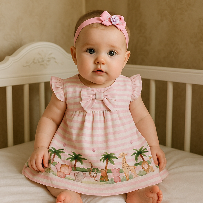 VESTIDO PARA BEBÊ ESTAMPA BICHINHOS NA FLORESTA