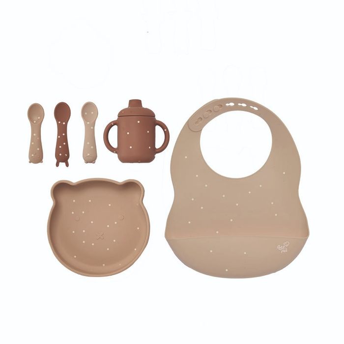 KIT ALIMENTACAO 6 PCS PRATO C/ VENTOSA COPO BABADOR 3 COLHERES DE SILICONE 