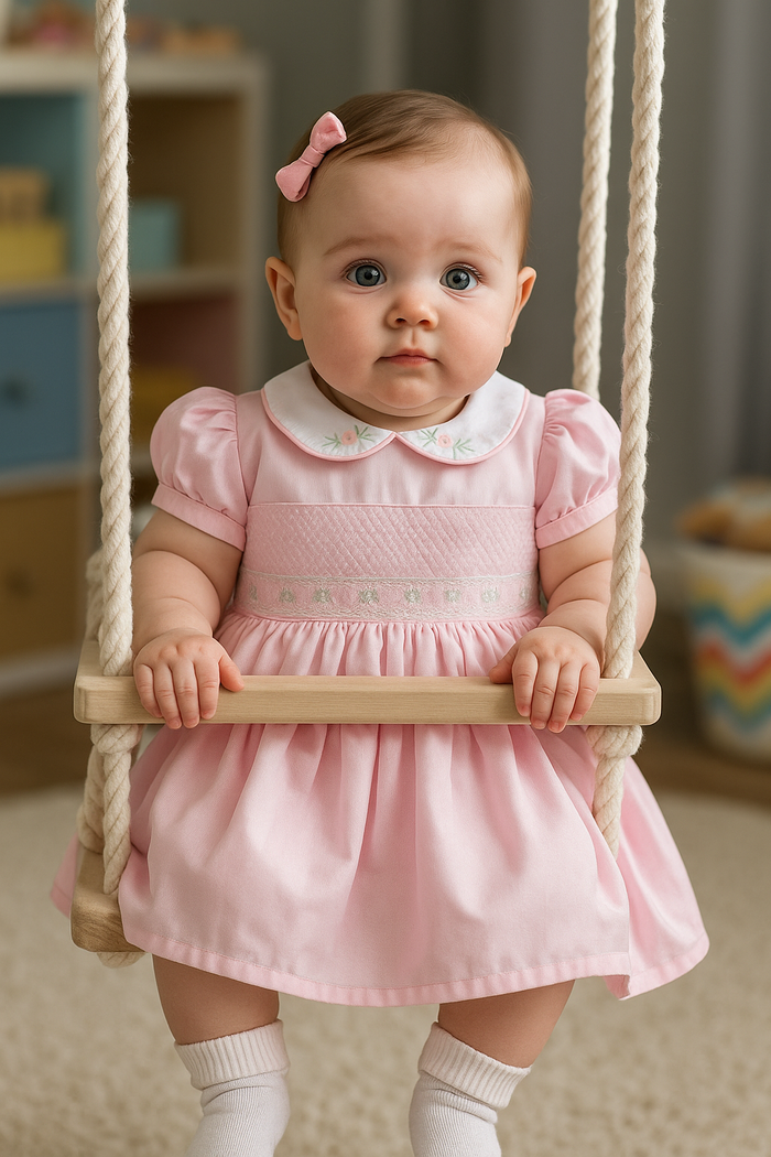 VESTIDO BEBÊ MENINA ROSA COM BORDADOS FLORAIS