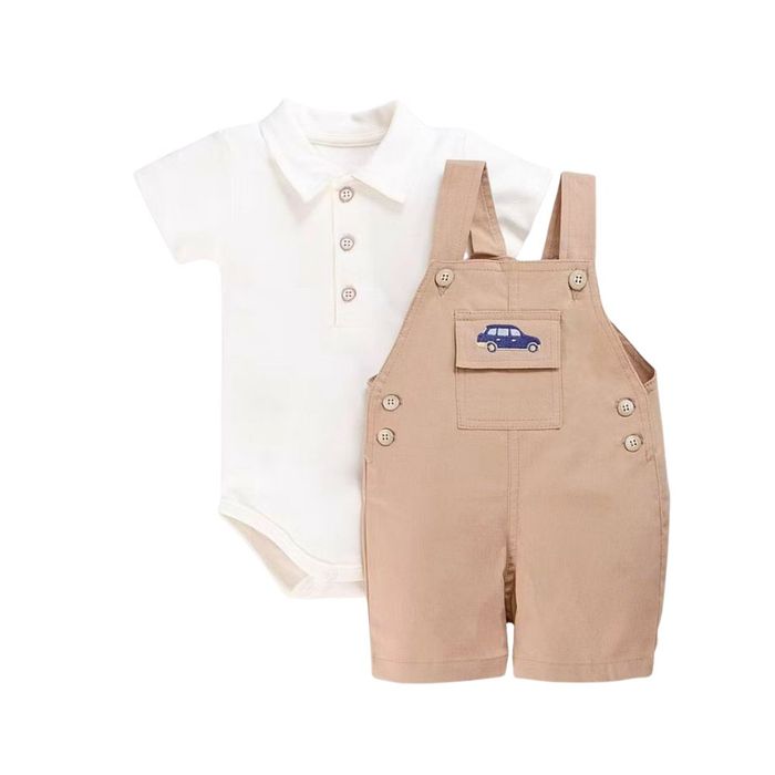 CONJUNTO CURTO JARDINEIRA E BODY BEBÊ MENINO CARRINHO