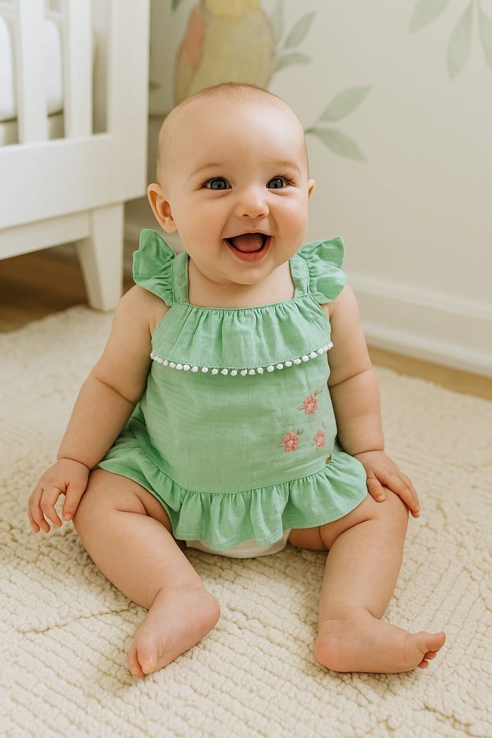 MACACÃO CURTO BEBÊ MENINA VERDE COM BORDADO FLORAL 