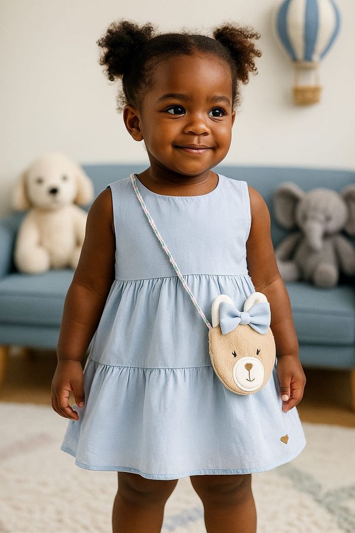 VESTIDO AZUL COM BOLSA URSINHA