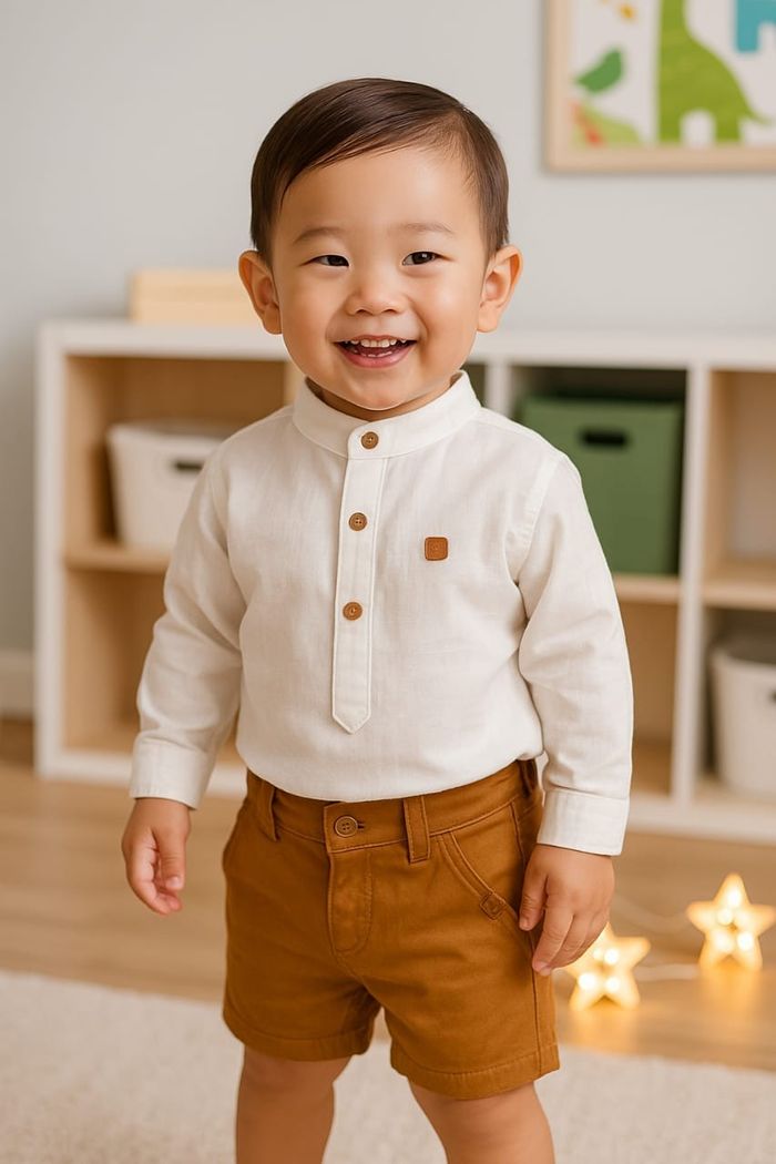 CONJUNTO INFANTIL CAMISA ALGODÃO E BERMUDA SARJA CARAMELO