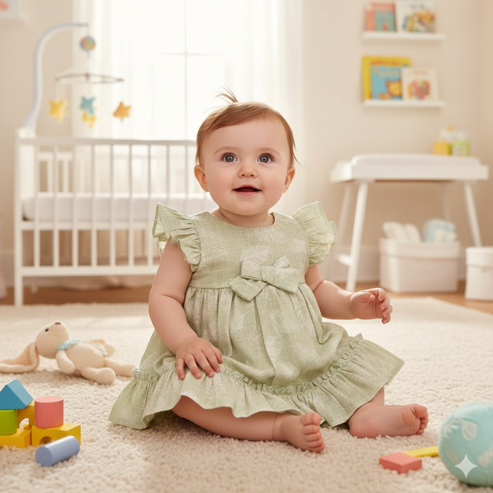 VESTIDO BEBÊ FOLHAGEM VERDE COM CALCINHA