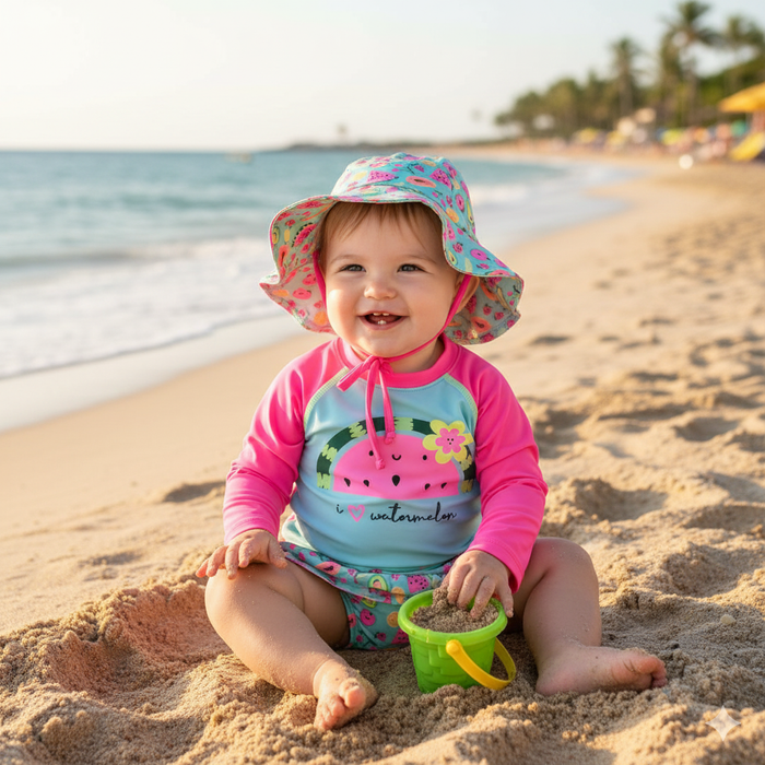 CONJUNTO PRAIA BEBÊ MENINA 3 PEÇAS COM PROTEÇÃO SOLAR