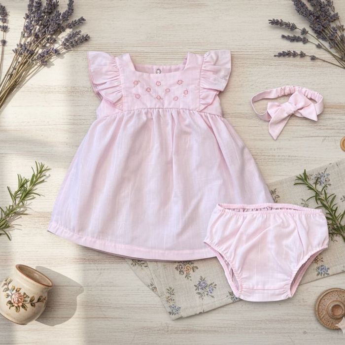CONJUNTO BEBÊ VESTIDO+FAIXA  FLORES ROSA