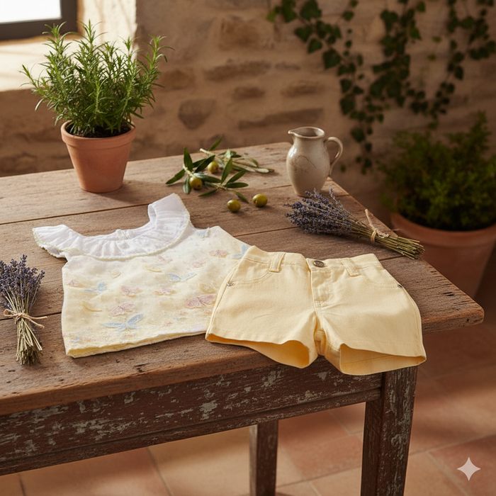 CONJUNTO BATA E SHORTS EM TECIDO BORBOLETAS 