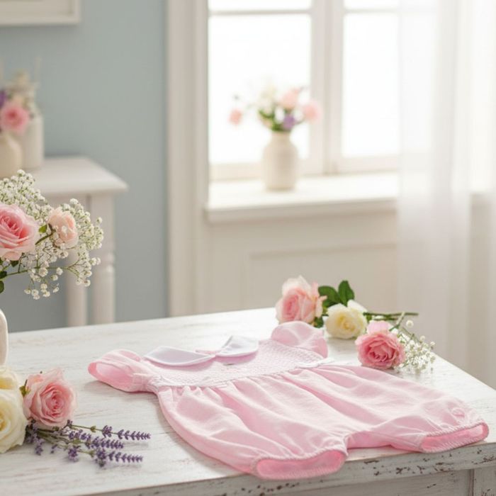 MACACÃO CURTO BEBÊ MENINA ROSA COM LACINHOS