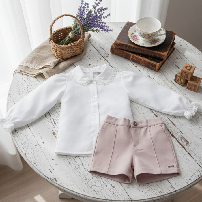 CONJUNTO INFANTIL MENINA CAMISA BATA BRANCA E SHORTS