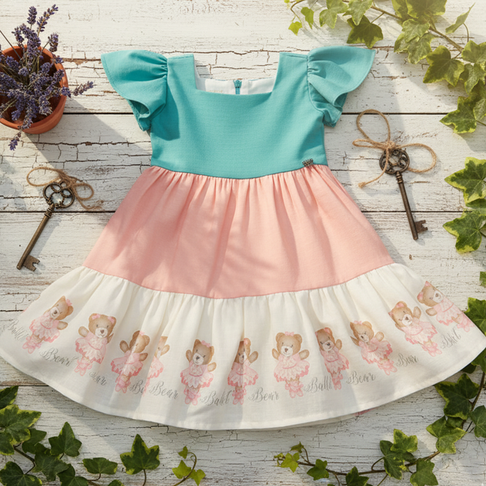 VESTIDO COLORIDO PARA BEBÊ ESTAMPA URSINHA BAILARINA