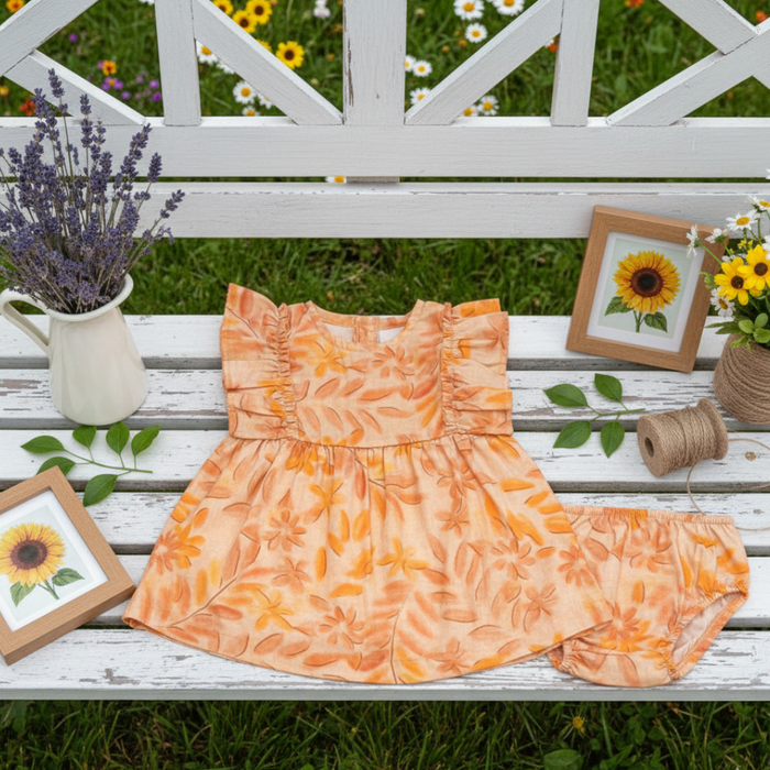 VESTIDO INFANTIL FLORAL LARANJA COM  CALCINHA