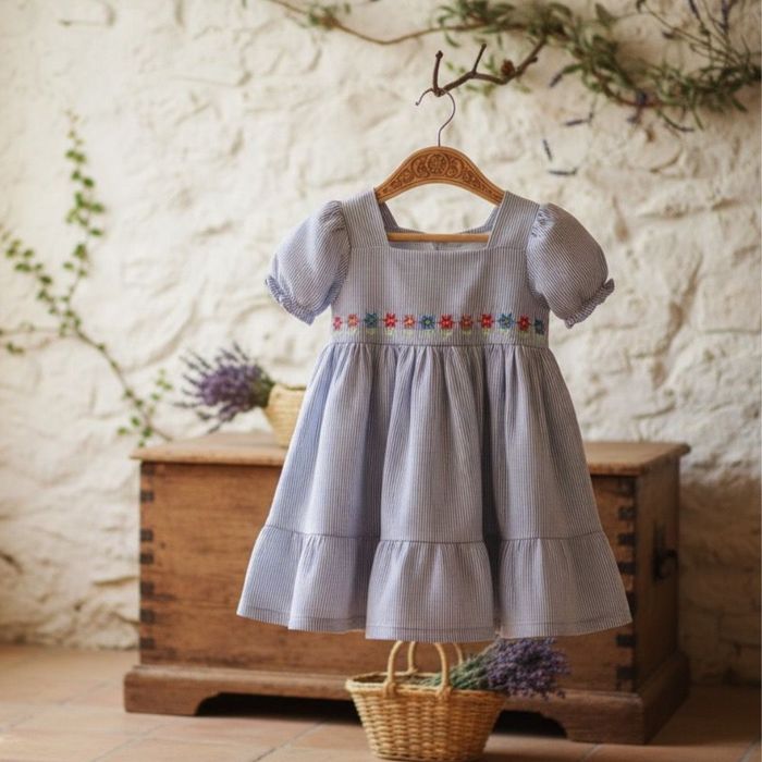 VESTIDO INFANTIL COM LISTRAS E BORDADO