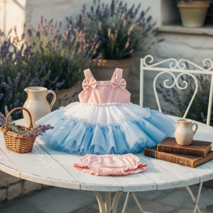 VESTIDO DE FESTA PARA BEBÊ EM ALGODÃO E TULE