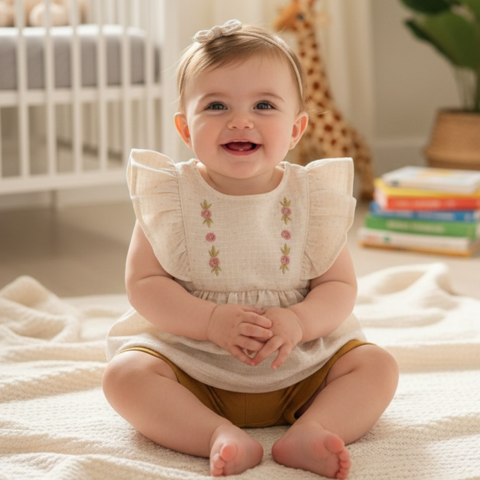 CONJUNTO BEBÊ MENINA BATA EM MALHA TEXTURIZADA E SHORTS 