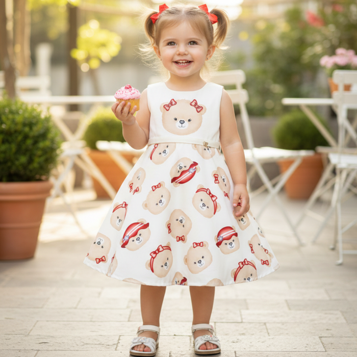 VESTIDO INFANTIL  URSINHA COM LAÇOS VERMELHOS