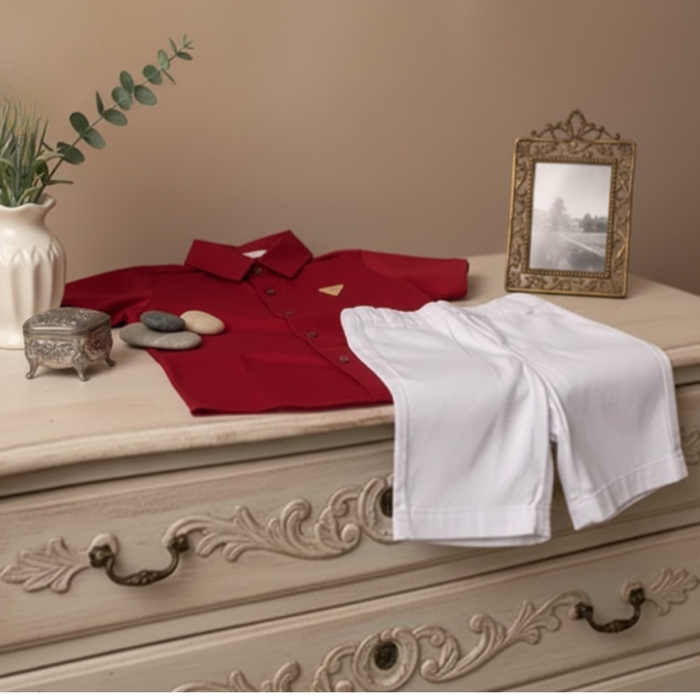 CONJUNTO INFANTIL MENINO CAMISA VERMELHA E BERMUDA BRANCA