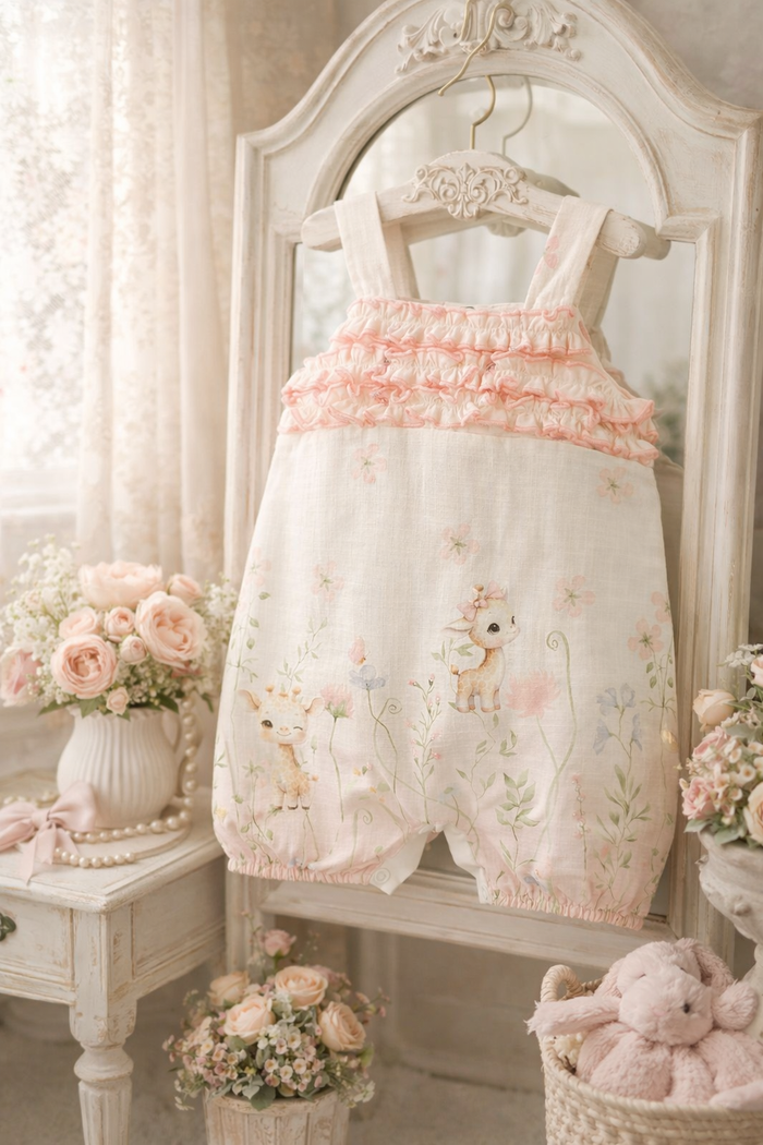 MACACÃO CURTO  BEBÊ MENINA FLORAL COM BABADOS