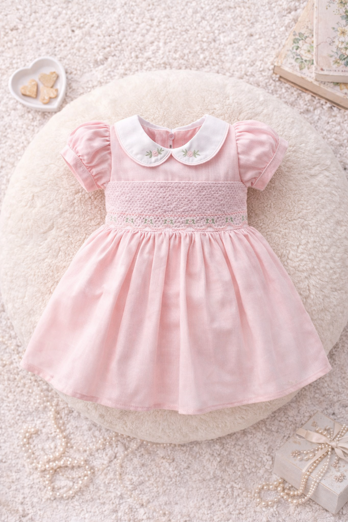 VESTIDO BEBÊ MENINA ROSA COM BORDADOS FLORAIS