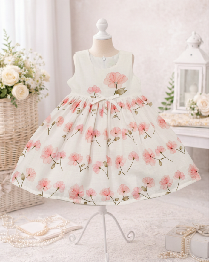 VESTIDO INFANTIL FLORAL COM LAÇO E DETALHES EM PÉROLAS
