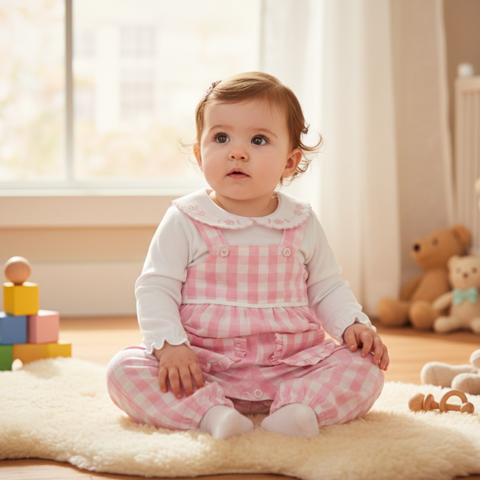 CONJUNTO LONGO BEBÊ MENINA JARDINEIRA XADREZ ROSA