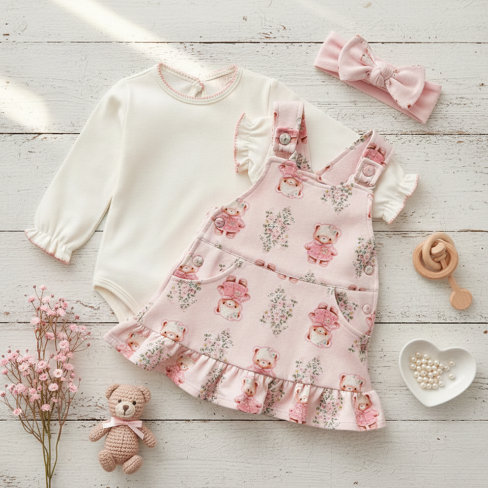 CONJUNTO BEBÊ FLORES BODY MANGA LONGA E SALOPETE