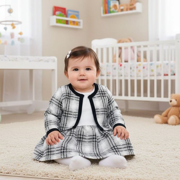 CONJUNTO DE FESTA BEBÊ BODY COM SAIA E CASACO BOLERO XADREZ 