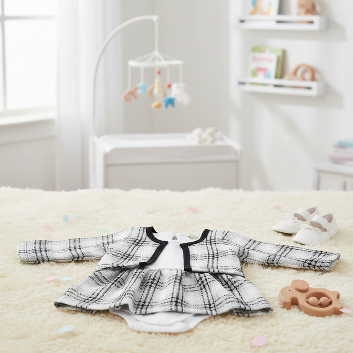 CONJUNTO DE FESTA BEBÊ BODY COM SAIA E CASACO BOLERO XADREZ 