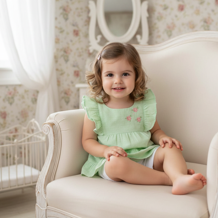 CONJUNTO INFANTIL MENINA BLUSA BABADOS VERDE MENTA E SHORTS BRANCO