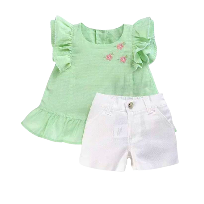 CONJUNTO INFANTIL MENINA BLUSA BABADOS VERDE MENTA E SHORTS BRANCO