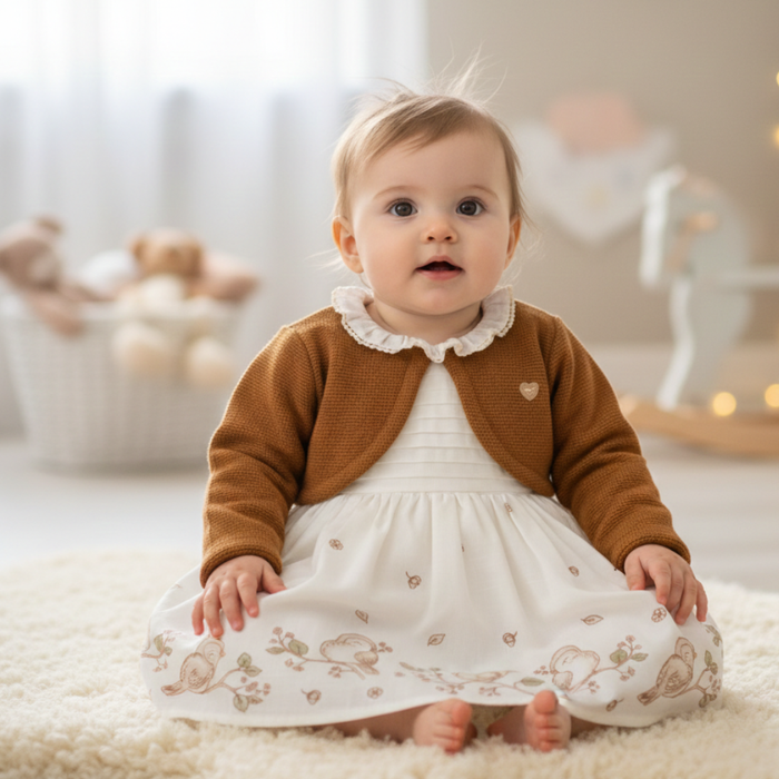   VESTIDO PASSARINHOS BEBÊ MANGA CURTA COM BOLERINHO