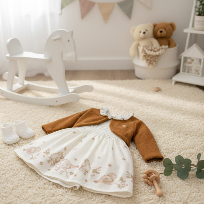   VESTIDO PASSARINHOS BEBÊ MANGA CURTA COM BOLERINHO