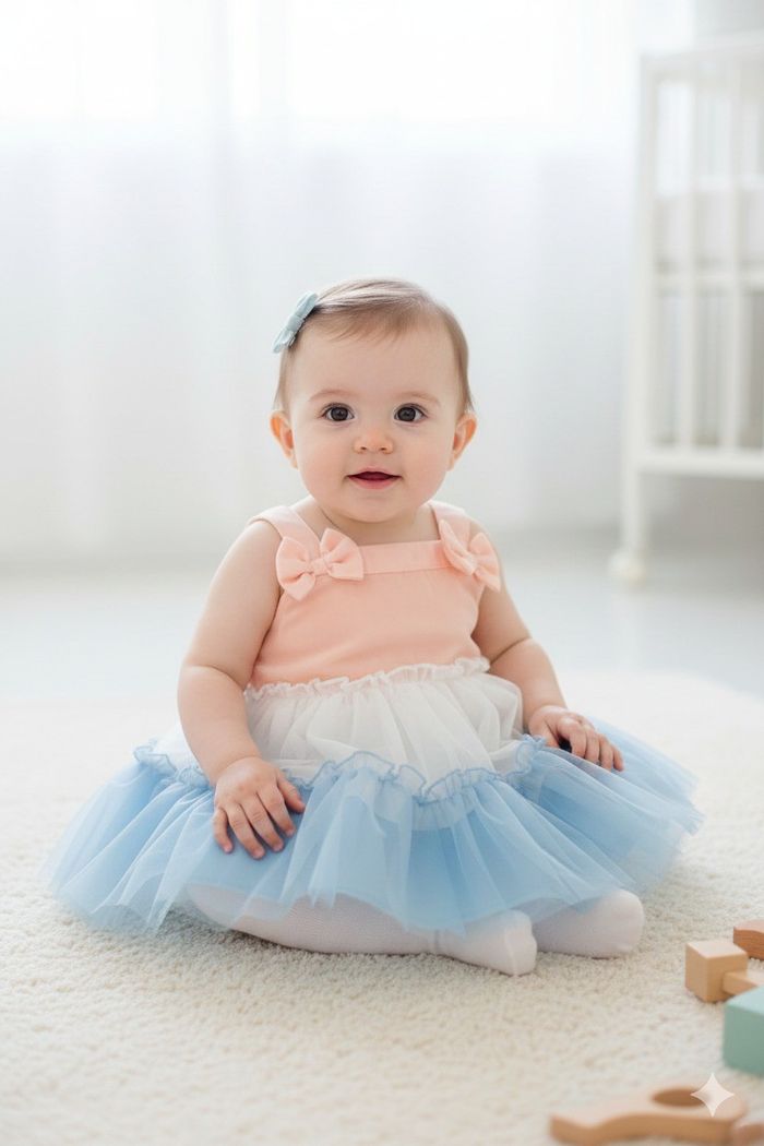 VESTIDO DE FESTA PARA BEBÊ EM ALGODÃO E TULE