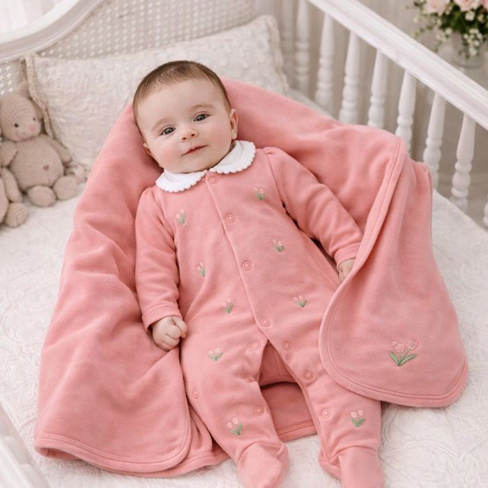 KIT BEBÊ MENINA MACACÃO E MANTA TULIPA BORDADA ALGODÃO EGÍPCIO
